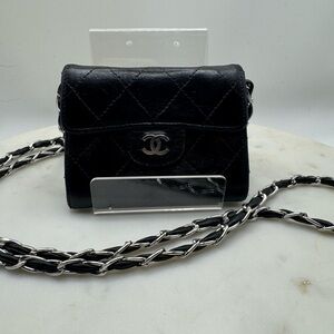 Authentic CHANEL Black Quilted Crossbody Bag with Silver Chain